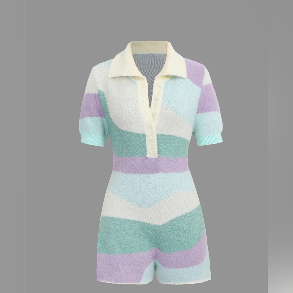 Color Block Knitted Short Sleeve Romper
